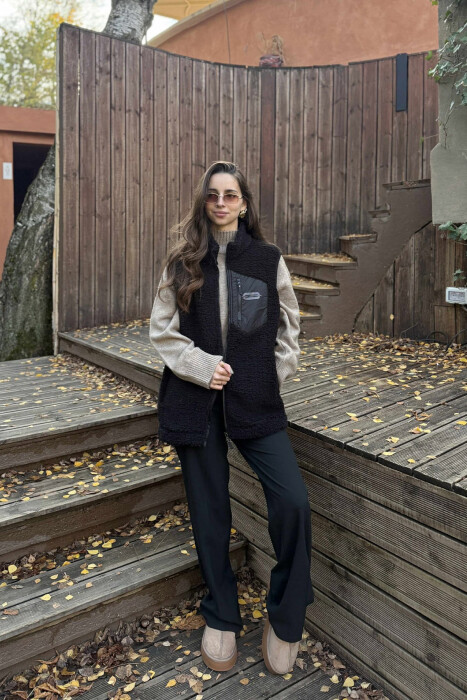 ONE COLOR TEDDY ZIPPER WOMEN VEST BLACK/ E ZEZE - KLAUDIO FASHION