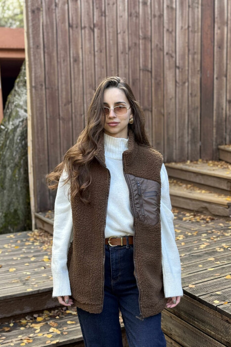 ONE COLOR TEDDY ZIPPER WOMEN VEST BROWN/KAFE - 4