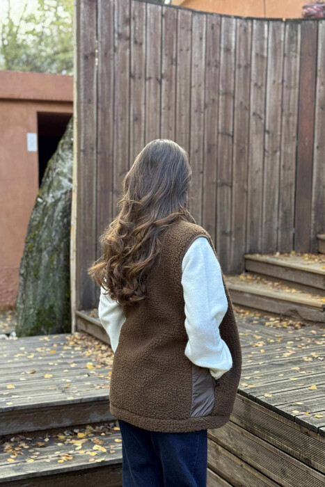 ONE COLOR TEDDY ZIPPER WOMEN VEST BROWN/KAFE - 7