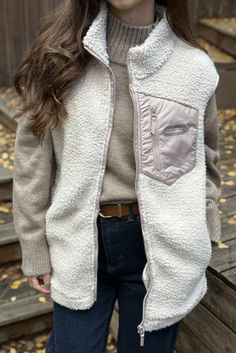 ONE COLOR TEDDY ZIPPER WOMEN VEST CREAM/KREM - 2