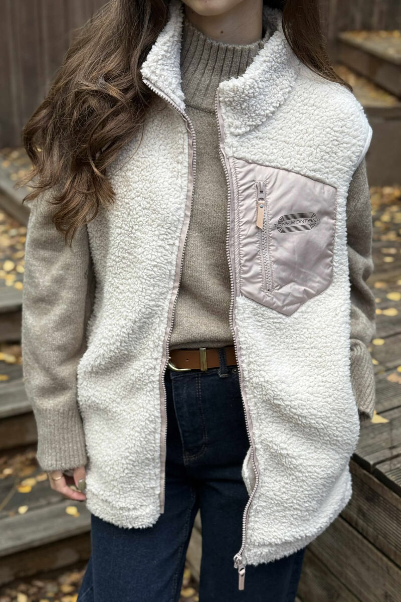ONE COLOR TEDDY ZIPPER WOMEN VEST CREAM/KREM - 2