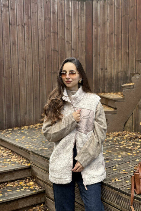ONE COLOR TEDDY ZIPPER WOMEN VEST CREAM/KREM - 3