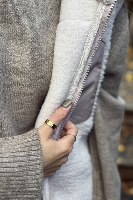 ONE COLOR TEDDY ZIPPER WOMEN VEST CREAM/KREM - 4