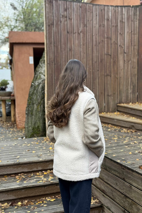 ONE COLOR TEDDY ZIPPER WOMEN VEST CREAM/KREM - 5