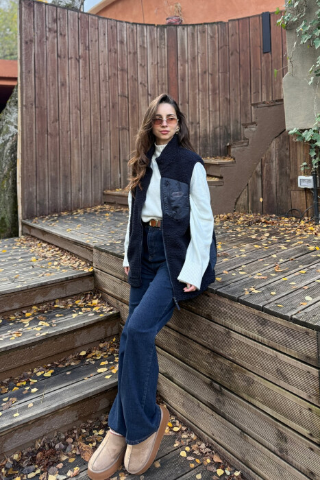 ONE COLOR TEDDY ZIPPER WOMEN VEST DARK BLUE/BEE - 1