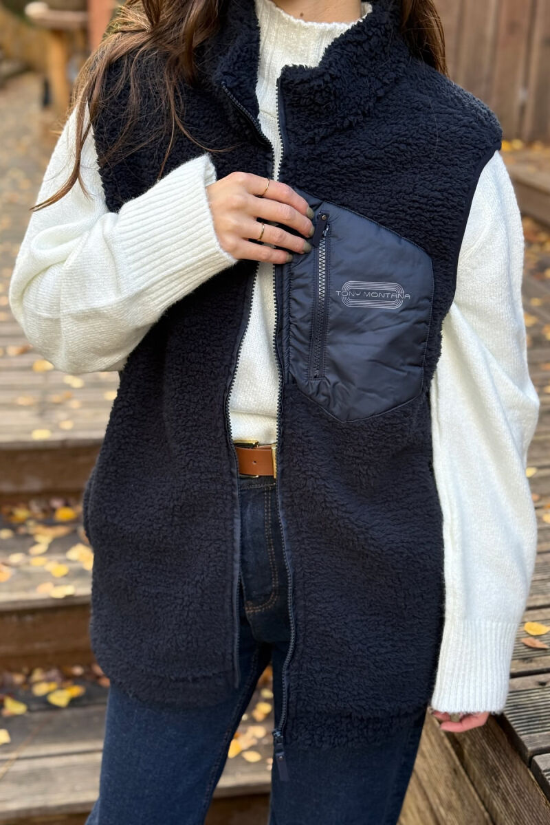 ONE COLOR TEDDY ZIPPER WOMEN VEST DARK BLUE/BEE - 2