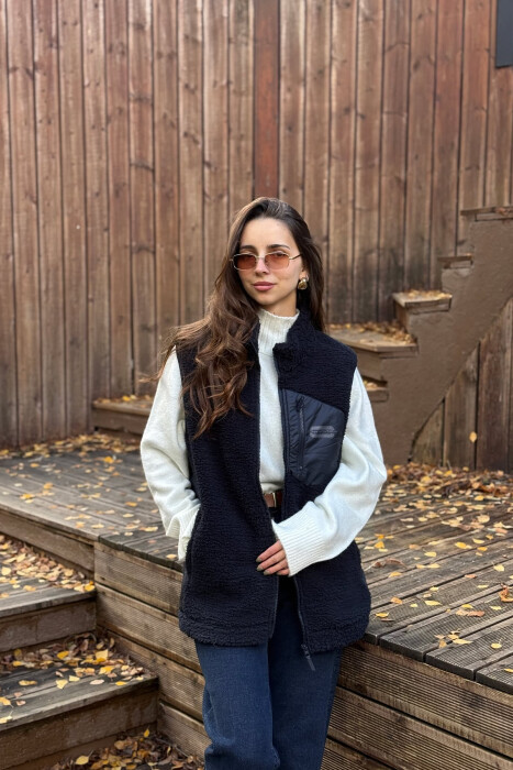 ONE COLOR TEDDY ZIPPER WOMEN VEST DARK BLUE/BEE - 3