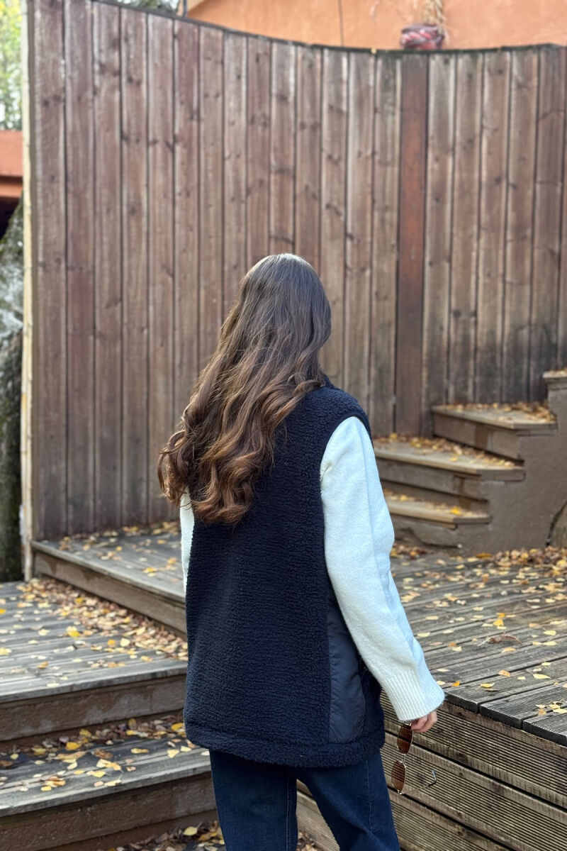 ONE COLOR TEDDY ZIPPER WOMEN VEST DARK BLUE/BEE - 5