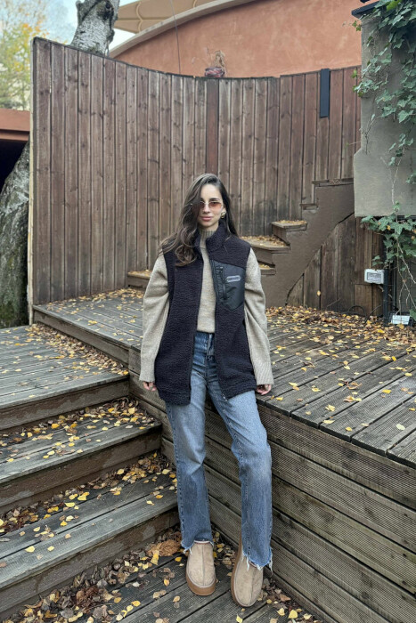 ONE COLOR TEDDY ZIPPER WOMEN VEST DARK GREY/GEE - 1