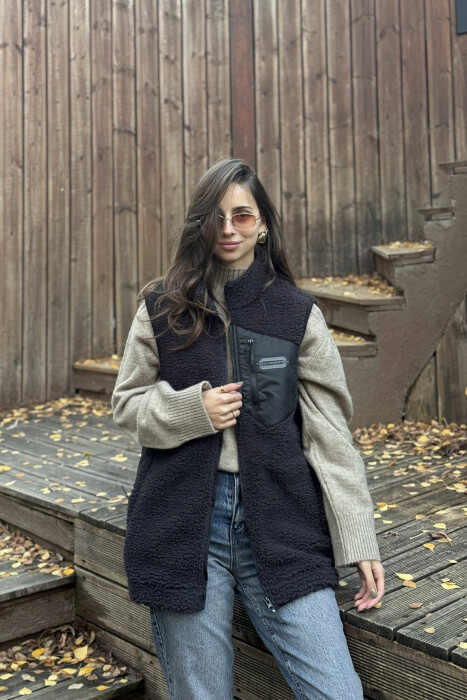 ONE COLOR TEDDY ZIPPER WOMEN VEST DARK GREY/GEE - 2