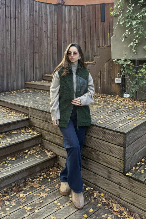 ONE COLOR TEDDY ZIPPER WOMEN VEST GREEN/JESHILE - 1