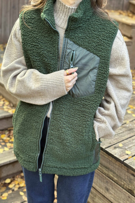ONE COLOR TEDDY ZIPPER WOMEN VEST GREEN/JESHILE - 2