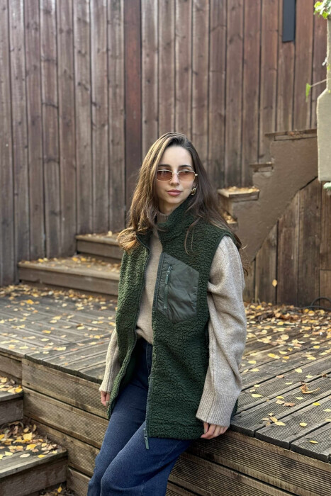 ONE COLOR TEDDY ZIPPER WOMEN VEST GREEN/JESHILE - 3