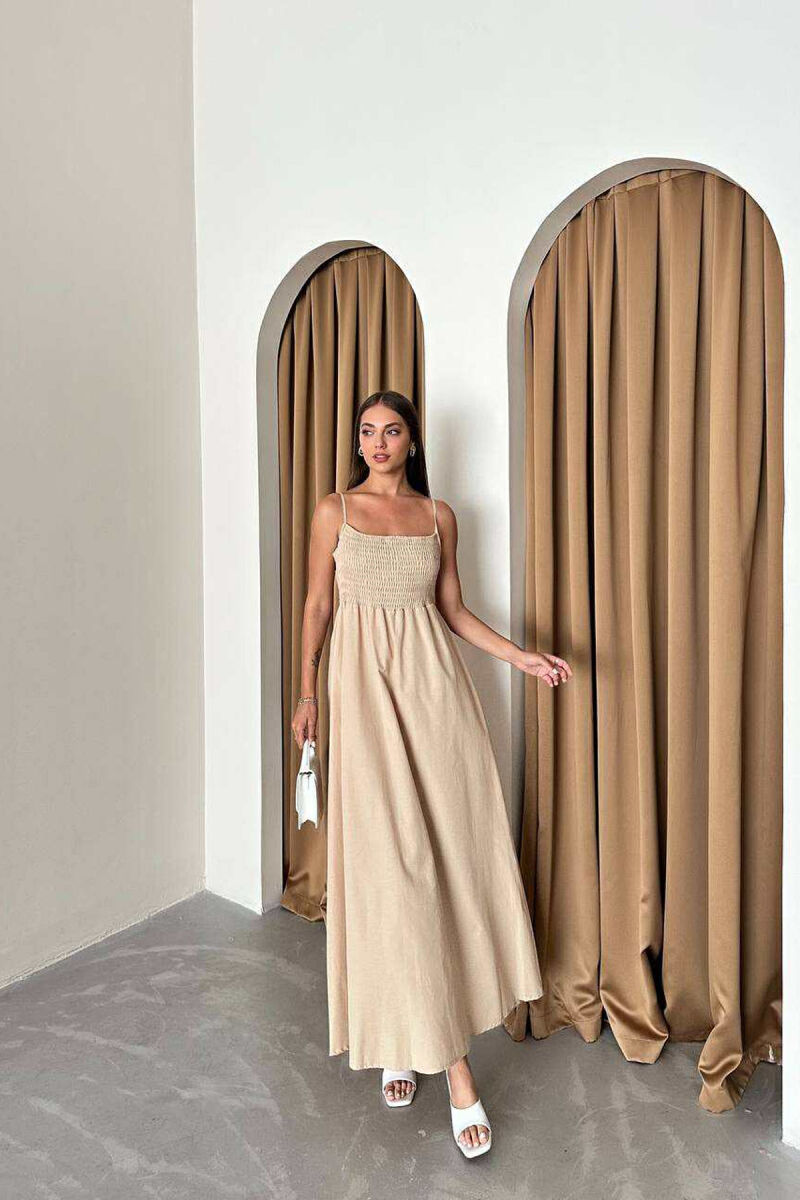 ONE COLOR THIN STRAPS LONG WOMEN DRESS BEIGE/BEZHE - 1