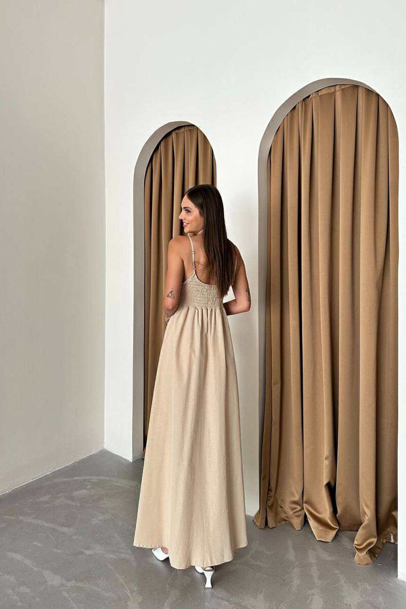 ONE COLOR THIN STRAPS LONG WOMEN DRESS BEIGE/BEZHE - 3