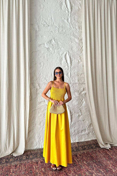 ONE COLOR THIN STRAPS LONG WOMEN DRESS MUSTARD/MUSTARDE - 1