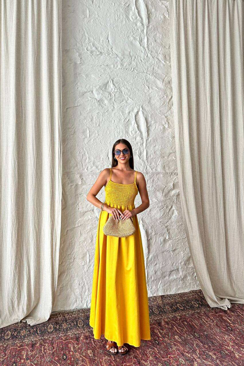 ONE COLOR THIN STRAPS LONG WOMEN DRESS MUSTARD/MUSTARDE - 1