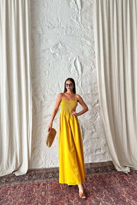 ONE COLOR THIN STRAPS LONG WOMEN DRESS MUSTARD/MUSTARDE - 3