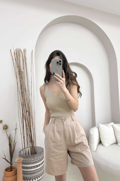 ONE COLOR THIN STRAPS WOMEN TANK TOP BEIGE/BEZHE - 1
