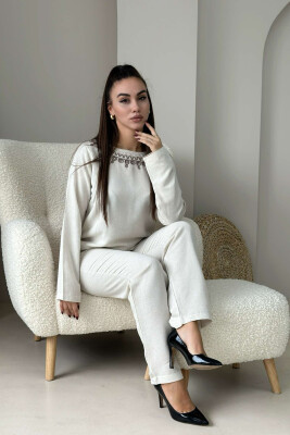 ONE COLOR TROUSERS+SWEATSHIRT WOMEN SET CREAM/KREM 