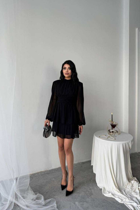 ONE COLOR TULLE DESIGN WOMEN DRESS BLACK/ E ZEZE - KLAUDIO FASHION