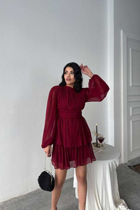 ONE COLOR TULLE DESIGN WOMEN DRESS BURGUNDY/VISHNJE - 1