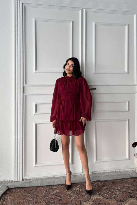 ONE COLOR TULLE DESIGN WOMEN DRESS BURGUNDY/VISHNJE - 3