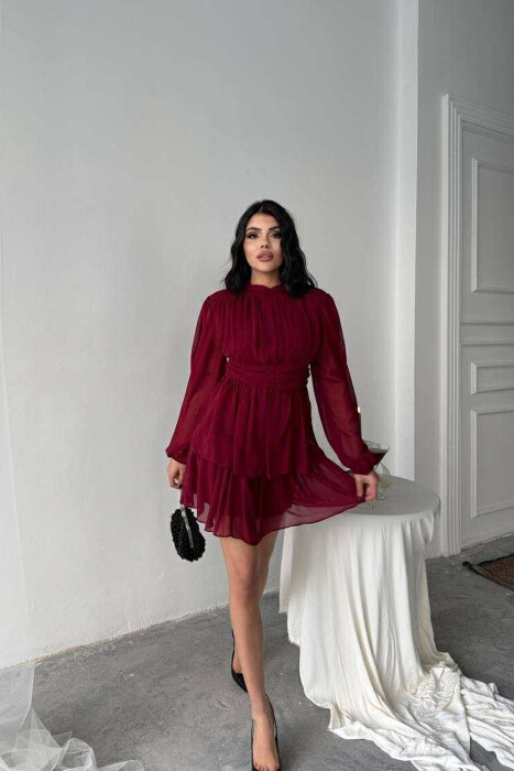 ONE COLOR TULLE DESIGN WOMEN DRESS BURGUNDY/VISHNJE - 5