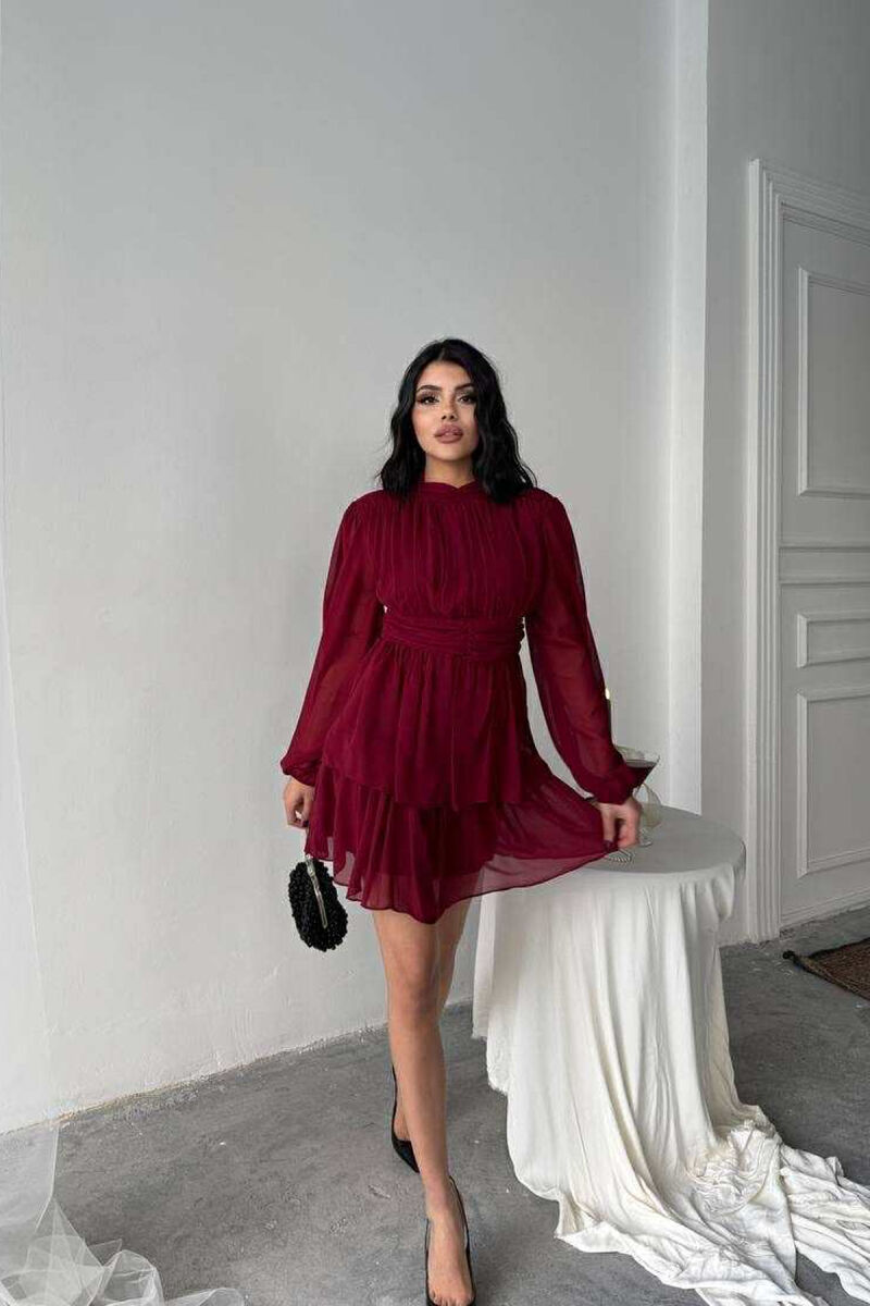 ONE COLOR TULLE DESIGN WOMEN DRESS BURGUNDY/VISHNJE - 5