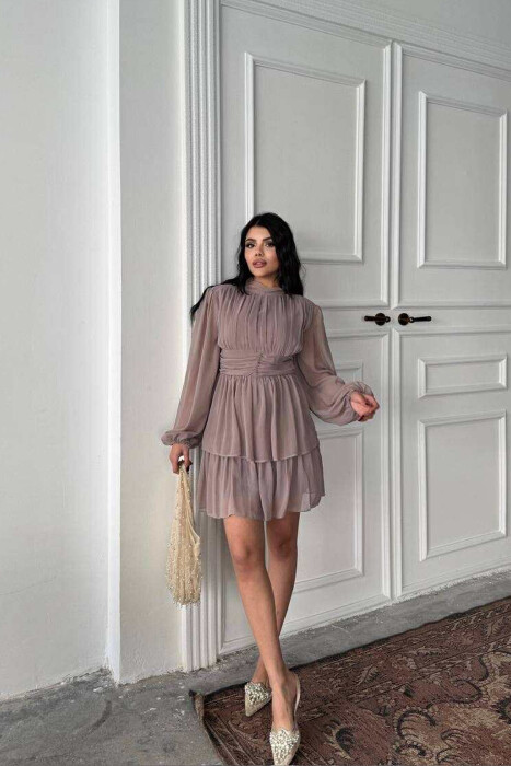 FUSTAN NJË NGJYRËSH ME DIZAJN TYLI PËR FEMRA NË NGJYRË BEZHË TË ERRËT - KLAUDIO FASHION