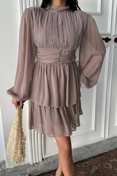 ONE COLOR TULLE DESIGN WOMEN DRESS DARK BEIGE/BEZHE ERRET - 2