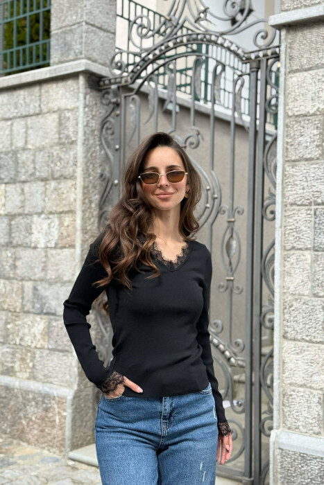 ONE COLOR TULLE DETAIL V NECK WOMEN SWEATER BLACK/ E ZEZE 