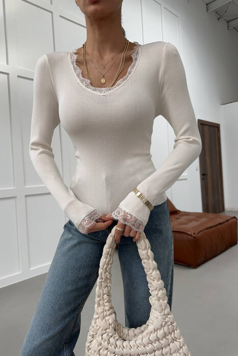 ONE COLOR TULLE DETAIL V NECK WOMEN SWEATER CREAM/KREM - 2