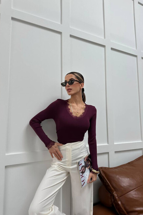 ONE COLOR TULLE DETAIL V NECK WOMEN SWEATER DARK PURPLE/LEJLA ERRET 