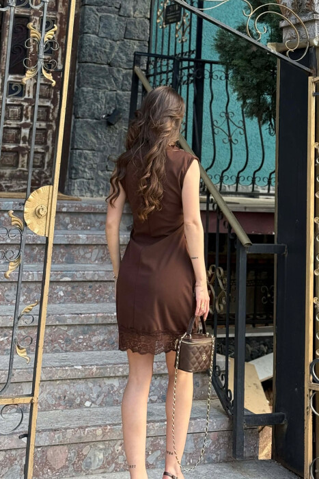 ONE COLOR TULLE DETAIL WOMAN DRESS BROWN/KAFE - 3