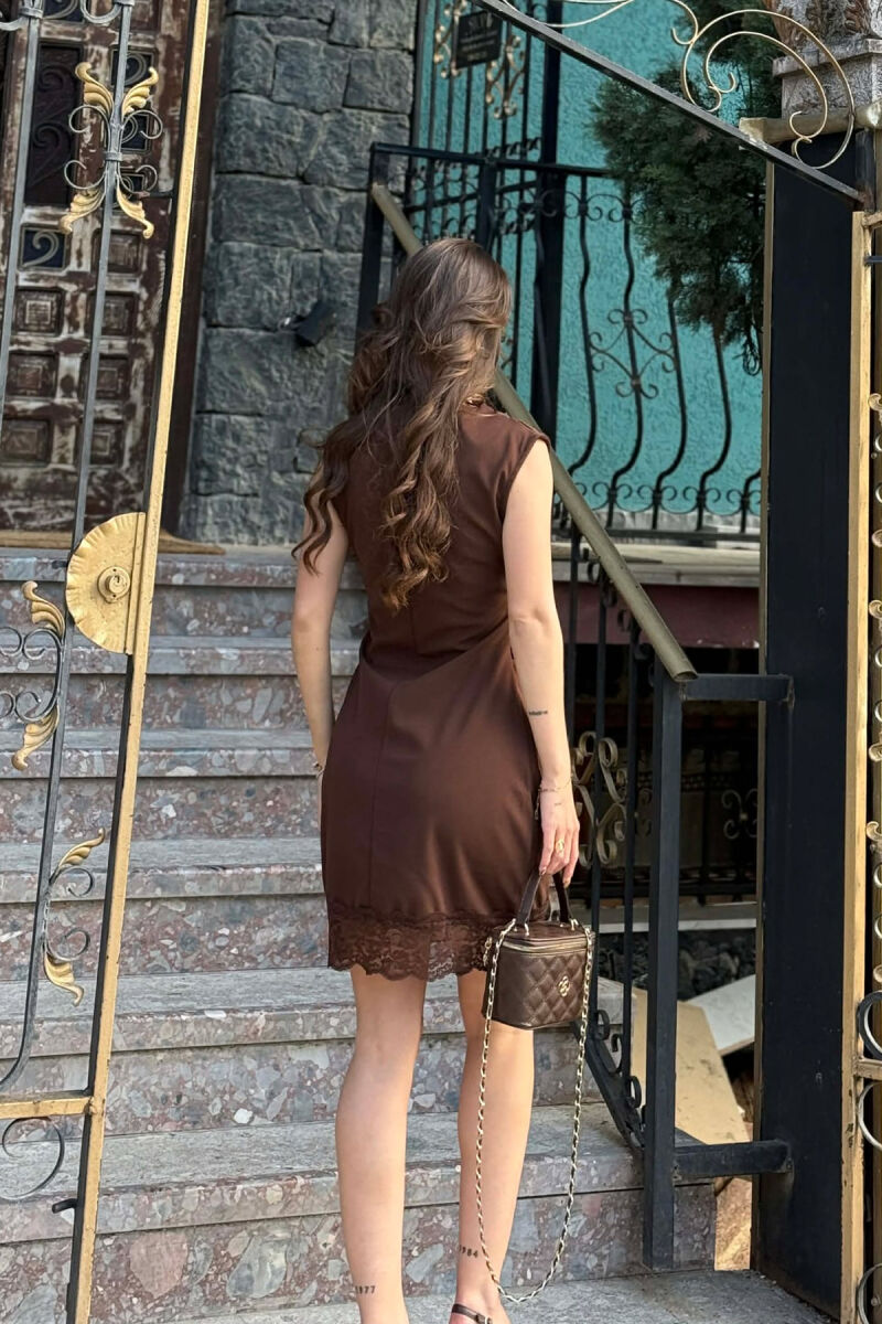 ONE COLOR TULLE DETAIL WOMAN DRESS BROWN/KAFE - 3