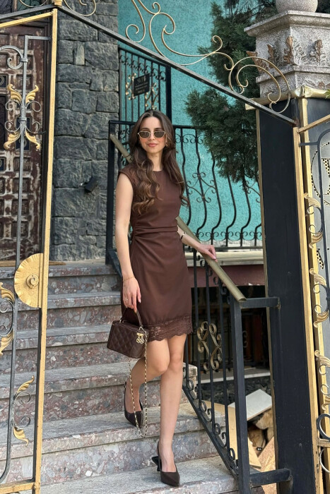 ONE COLOR TULLE DETAIL WOMAN DRESS BROWN/KAFE - 4