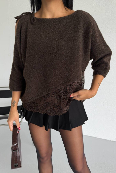ONE COLOR TULLE DETAIL WOMAN SWEATSHIRT BROWN/KAFE BROWN/KAFE