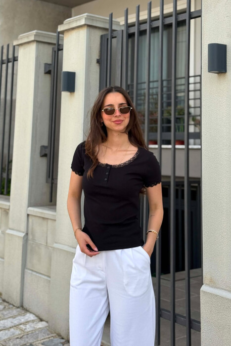 ONE COLOR TULLE DETAIL WOMAN T-SHIRT BLACK/ E ZEZE - 1