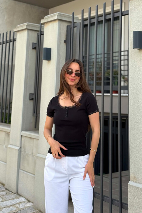 ONE COLOR TULLE DETAIL WOMAN T-SHIRT BLACK/ E ZEZE - 5