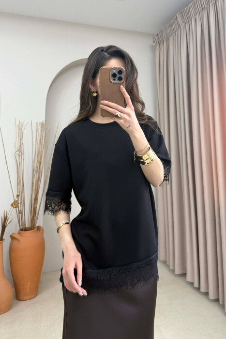 ONE COLOR TULLE DETAIL WOMAN T- SHIRT BLACK/ E ZEZE - 