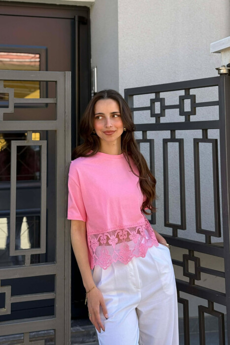 ONE COLOR TULLE DETAIL WOMAN T-SHIRT PINK/ROZE - 1