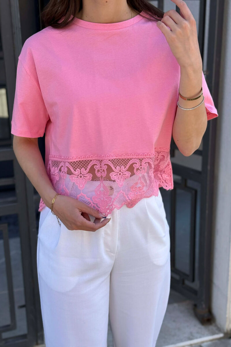 ONE COLOR TULLE DETAIL WOMAN T-SHIRT PINK/ROZE - 3