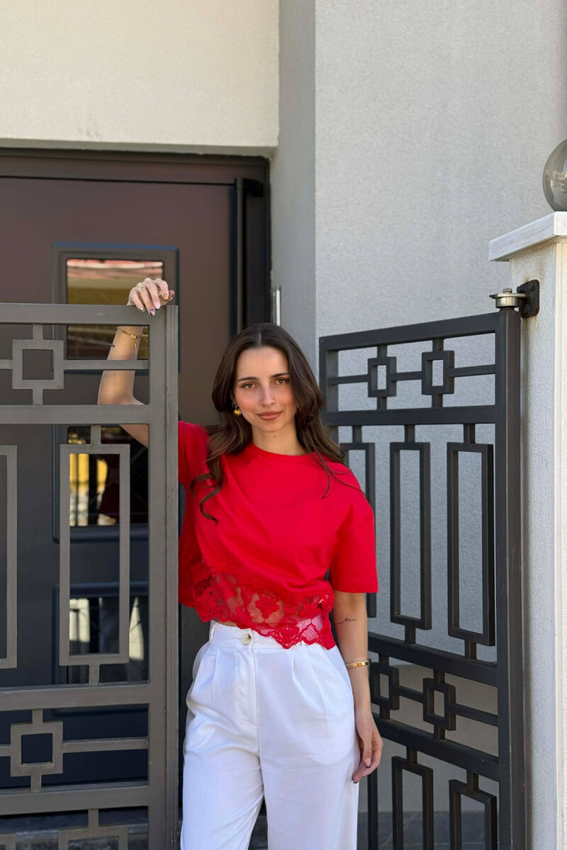 ONE COLOR TULLE DETAIL WOMAN T-SHIRT RED/E KUQE - 3