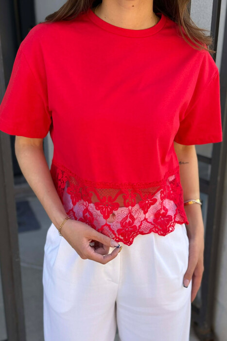 ONE COLOR TULLE DETAIL WOMAN T-SHIRT RED/E KUQE - 4