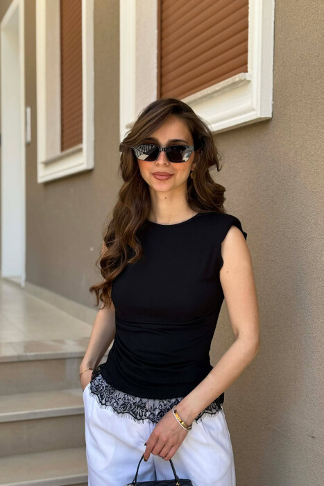 ONE COLOR TULLE DETAIL WOMAN TANK TOP BLACK/ E ZEZE - KLAUDIO FASHION