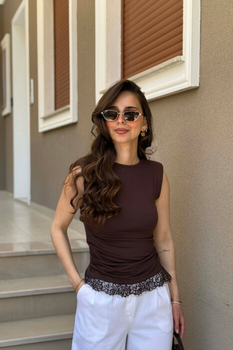 ONE COLOR TULLE DETAIL WOMAN TANK TOP BROWN/KAFE - KLAUDIO FASHION