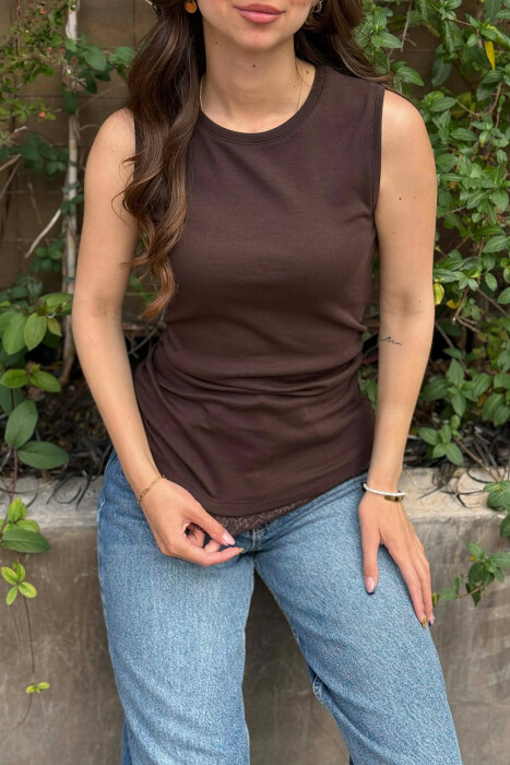 ONE COLOR TULLE DETAIL WOMAN TANK TOP BROWN/KAFE - 2