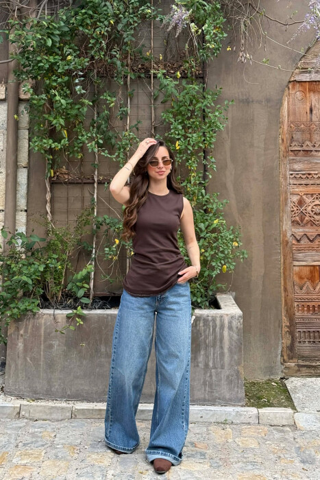 ONE COLOR TULLE DETAIL WOMAN TANK TOP BROWN/KAFE - 4