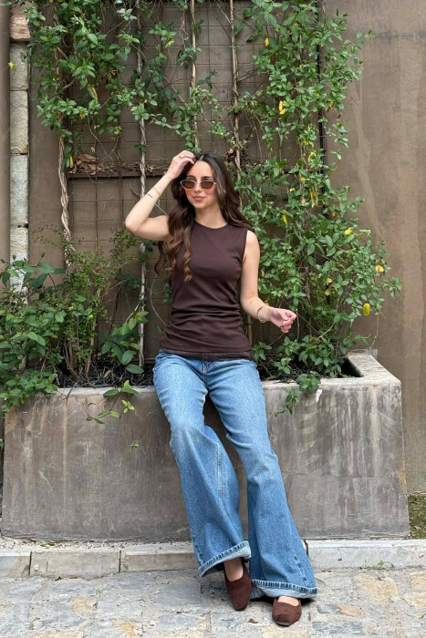 ONE COLOR TULLE DETAIL WOMAN TANK TOP BROWN/KAFE - 5